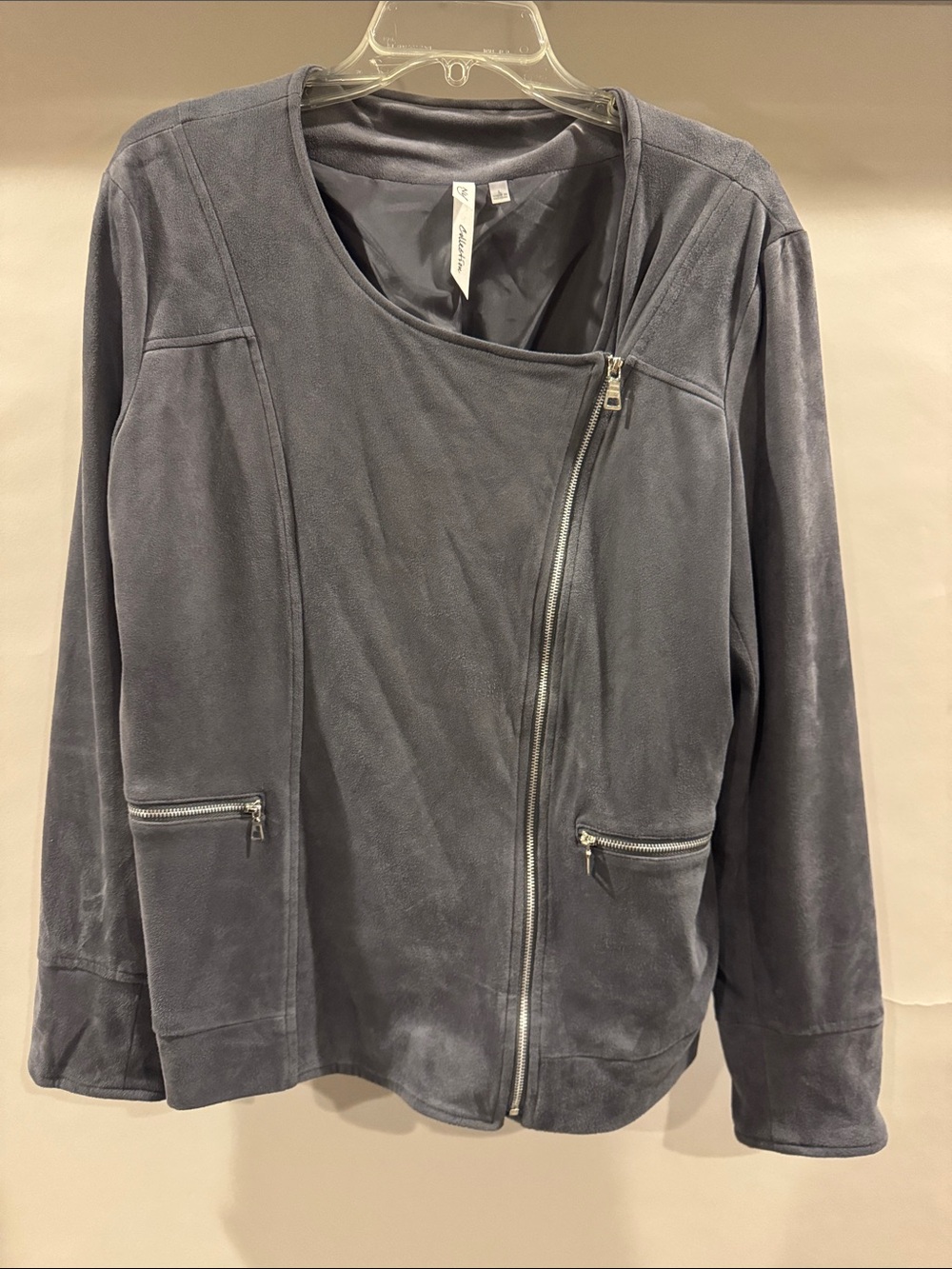 Asymmetric Zip Suede-Look Grey Moto Jacket